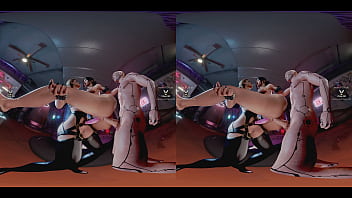 Claire russel having hardcore double penetration lifted carried in the air by meredith stout and cyberpunk dude - latex tattoo blonde bdsm