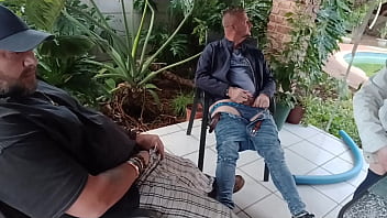 Shy stepsister got her virginity broken by her stepbrother while his friend is bussy mastrubating outside in the garden