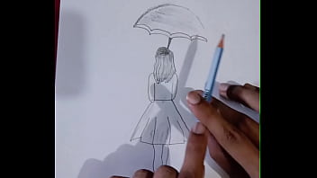 Pencil sketching charming girl with umbrella drawing step by step art creativity for you enjoy it