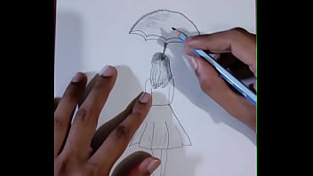 Pencil sketching charming girl with umbrella drawing step by step art creativity for you enjoy it