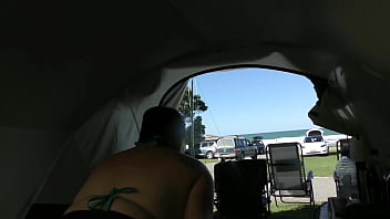Trashy milf slut parades herself at the seaside and then creampie fucked by her master so others can see preview