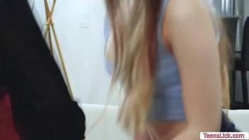 Busty stepmom and her teen stepdaughter are kissing each other on the that she lets her petite stepteen lick her ass and finger her pussy