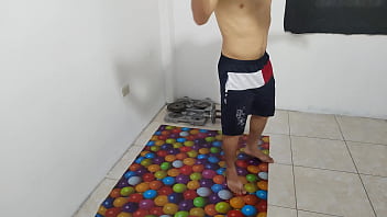 The athletic male does his aerobics routine and shows off his small flacid penis he should be ashamed of having a stunning ugly penis