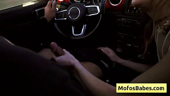Naughty skinny blondie teenager show her pussy in the sand and suck her boyfriend while driving home