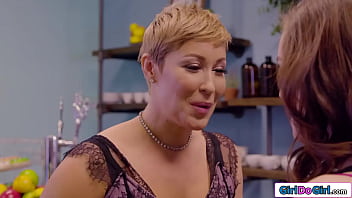 Stepdaughter freya parker gets her first lesbian kiss from her busty stepmom ryan keely in her big tit milf licks her pussy under the counter