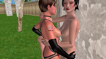3d animated sex video - lesbian girl fucking another girl in both pussy and ass against the wall