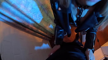 Lustful slut in black rabbit mask leather belts and leather jacket sucks cock and swallows cum - fetish blowjob pov