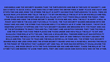 After fucking the security guard the naughty brunette told the security guard he had a fantasy of fucking with several males at the same time