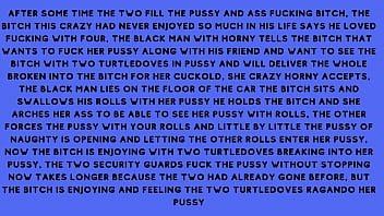 After fucking the security guard the naughty brunette told the security guard he had a fantasy of fucking with several males at the same time