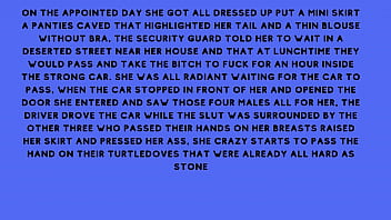 After fucking the security guard the naughty brunette told the security guard he had a fantasy of fucking with several males at the same time