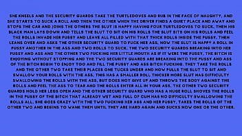 After fucking the security guard the naughty brunette told the security guard he had a fantasy of fucking with several males at the same time