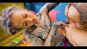 Heavily tattooed lesbian pushed to the limit with big toys intense fisting first-time dp and a real orgasm