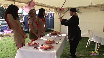 Busty milf helps three scout girls to suck and fuck some hard boners