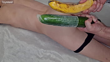 Healthy food banana cucumber are good for her tiny gripping pussy