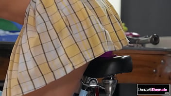 Small tits tgirl emma rose comes to the bike shop with a toy inside her ass and seduces the trans facefucks him and he barebacks the ts