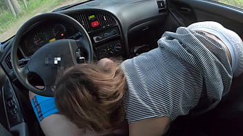 Girlfriend with big ass sucks cock and fucks in the car in different poses without taking off her white sexy panties - amateur couple pov