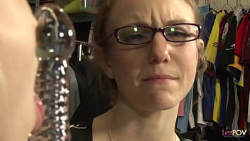 A mature nerdy lesbian orders her small blond girlfriend to lick her pussy and fingers her ass hard