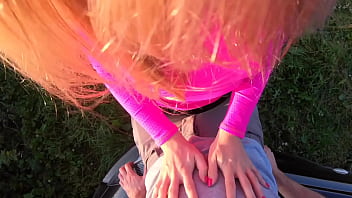 Blonde with perfect ass fucking sex at sunset without taking off her panties standing doggy style - amateur couple pov sex outdoor