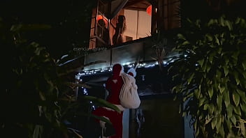 Santa claus surprises me dancing half naked on the balcony he punishes me for misbehaving he makes me suck him off and feel me on his legs and then he fucks me hard