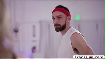 Seductive shemale is busy on her yoga session and a guy goes to her and he joins that they get horny and start kissing each is she lets the guy suck her shecock first before she fucks his tight ass so hard