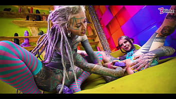 Two inked lesbians stretch each other’s asses with huge toys — gaping holes atm action and real orgasms