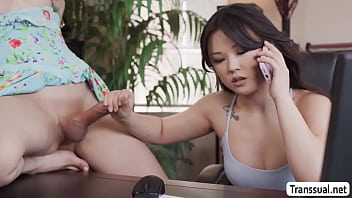 Busty tgirl ariel demure fucks her asian wife while cleaning the that in the next day she enters the office of her asian wife and let her suck her hard shecock