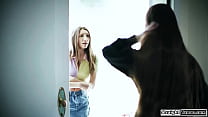 Gizelle Blanco has found her stepsister Hazel Moores secret gf Maya Woulfe hiding and wants sex to keep shut.The petite brunette licks her pussy
