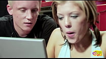 An individual fortuitously observes their romantic partner engaging in a sexual act known as a "69" with an attractive individual with dark brown hair.