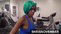 HD Risky Public Sex After Walking Bare Assed Naked On Gym Treadmill, Kinky Young Busty Black Exhibitionist Sheisnovember Curvy Brown Ass Cheeks And Heavy Boobs Exposed Before Riding Cock While Standing Closeup Taboo Erotica By Msnovember