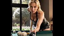 Hot leather threesome on a billiard table, with a blond mature cougar and a young brunette student - AI Illustrated Leather Porn Dream