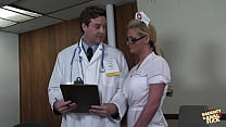 A well-endowed blonde nurse has her voluptuous posterior penetrated by the well-hung doctor till he reaches climax