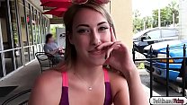 Kimber Lee is eating her meal then a guy arrives and asks her questions about sex. He gives her cash, and gives her more if she is willing to have sex