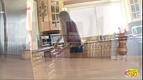 She pauses her cleaning duties momentarily to consume a delectable feline creature.