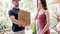 Naughty Nympho Hazel Moore Takes A Messy Cumshot After Fucking The Delivery Guy