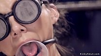 Brunette slave bent over metal device gets ass in knickers caned