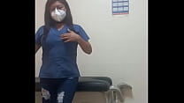 Delicious nurse is hot!! She touches her buttocks and tits while she is alone in the hospital waiting room