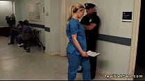 Sexy blonde nurse in uniform Tara Lynn Foxx seduces cop on a duty in the hospital and takes him in office where sucks his big cock deep throat