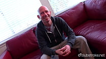Excited amateur bald straight guy Rob masturbating his large shaft hard