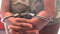 Handcuffed ebony sucks cock taking cum in mouth