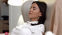 Tanned brunette rides cock after foot massage