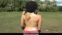Desperate teen naked in public and fucks to pay rent