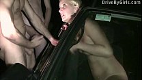 Cute blonde teen getting cum on her face through car window in public sex orgy