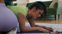 Curvy lesbian MILFs DP each other with a strapon after a yoga class