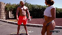 Hot brunette fucks during washing the car