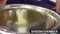 Chubby Black Hottie Msnovember Squatting and Covered In Oil With Saggy Titties and Nipples Exposed While Pee Peeing on Sheisnovember