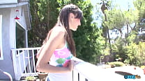 Tight brunette with natural tits gets her shaved cunt plowed