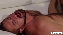 Blonde TS Kayleigh Coxx and Wesley Woods are on the couch kissing each other.After that,she lets Wesley suck her hard shecock