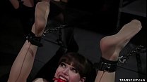 Blonde domme Milf Helena Locke whips ass to shackled brunette shemale slave Natalie Mars then canes her till fucks her asshole with fist