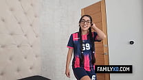 Horny teen seduce stepdad by showing him her wet pussy and getting a creampie after