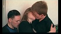 Two horny studs banging sexy babe Natasha hard on the bed